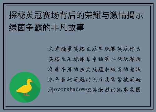 探秘英冠赛场背后的荣耀与激情揭示绿茵争霸的非凡故事